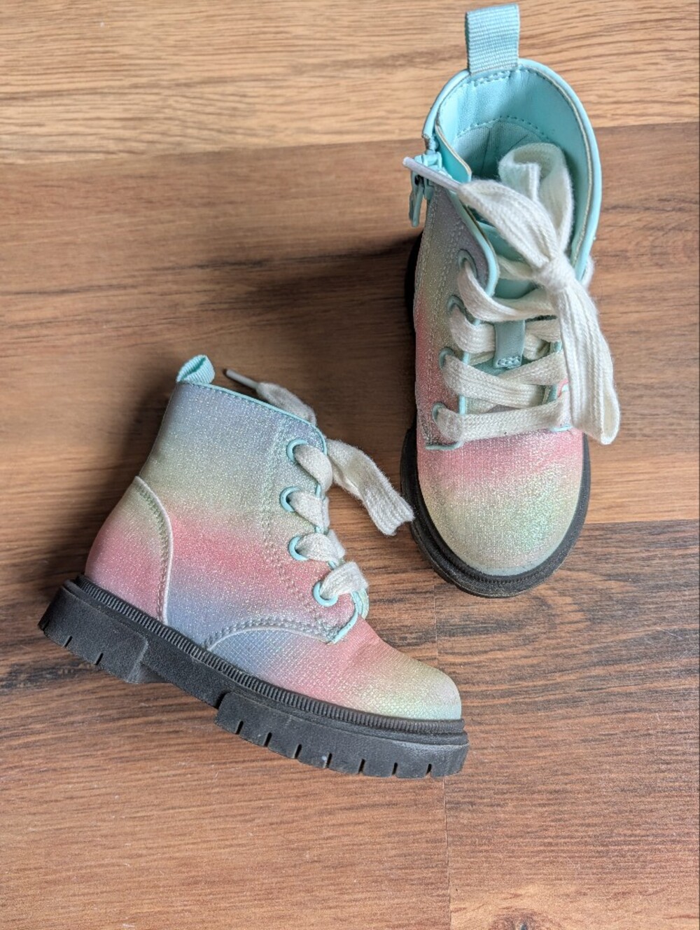Cat & Jack Pastel Rainbow Glitter Lace-Up Combat Boots Size 7 Unicorn Mermaid
